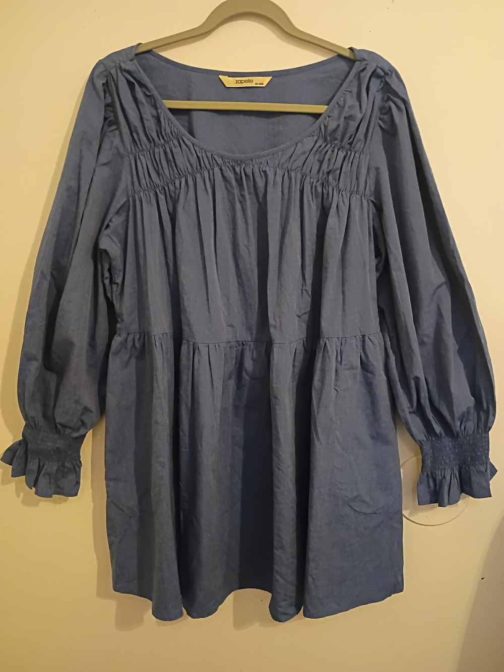 Zapelle Women's Blue Peasant Blouse with Balloon Sleeves 100% Cotton Sz 2X